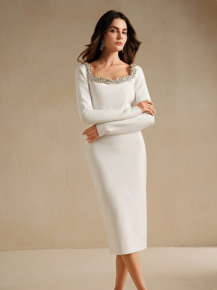 Anewsta Rhinestone Square Neck Form-Fitting Mid-Length Dress, White Maxi Women Outfit - White - View 7