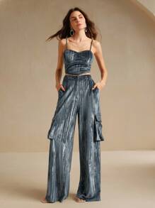 Anewsta 2 件套天鹅绒银箔吊带上衣和宽松连帽口袋工装裤 - 灰色 - 查看 4