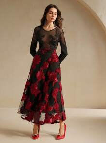 Anewsta New Vintage Elegant Versatile Floral Embroidery Mesh High Waist A-Line Skirt, Autumn/Spring Maxi, Christmas - Multicolor - View 6