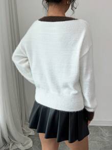Chiquease Color Block Dropped Shoulder Bowknot Crew Neck Contrast Trim Sweater For Women Knit Pullover Fall Winter - White - View 2