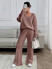 EURMUSE Women V-Neck OverSize Sweater And Knit Pant Set - Dusty Pink - View 8