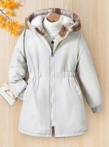 SHEIN Tween Girl Casual Plaid Front Zipper Long Sleeve Hooded Jacket - Khaki - View 5