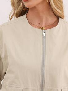 Women's Short Casual Windbreaker, Pilot Collar Jacket Style Coat - Beige - View 7