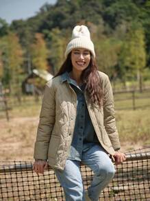 LanaWest Women Casual Khaki Round Neck Button Pocket Quilted Padded Padded Coat Clothes Winter