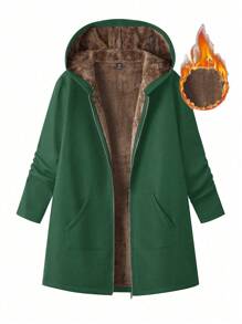 Plus Size Women Solid Color Full Zip Thermal Lined Hooded Coat Casual Loose Outerwear, Autumn/Winter - Dark Green - View 1