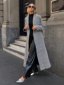 SHEIN Cottnline Casual Houndstooth Pattern Long Coat, Autumn/Winter - Black and White - View 6