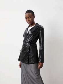 TRNVIE 1 件女式黑色领扣收腰长袖 PU 夹克，极简主义设计，适合秋冬季 - 黑色 - 查看 7