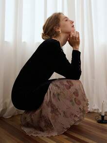 Simple Retro Đầm dài nhung in họa tiết cổ vuông cho nữ - màu đen - Xem 2