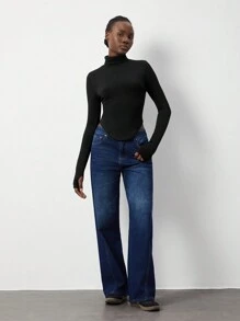 Lunelith SHEIN Lunessa 1pc Women's Casual High Neck Fitted Black Long Sleeve Tee, Versatile For Autumn/Winter