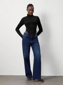 Lunelith SHEIN Lunessa 1pc Women's Casual High Neck Fitted Black Long Sleeve Tee, Versatile For Autumn/Winter