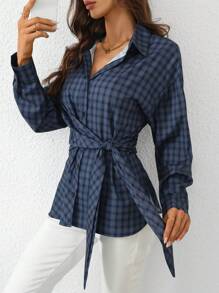 INAWLY Camisa casual de mujer con mangas largas, hombros caídos, estampado de cuadros y nudo frontal, otoño