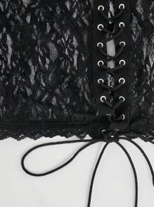 Hauture Winter Women Clothes, Elegant Sheer Black Lace Corset Long Sleeve Top With Front Tie Up. For Going Out, Concerts, Festivals,Party, Holiday