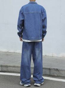 Manfinity EMRG 秋季大码男士休闲水洗色块印花牛仔夹克和裤子两件套 - 藍色 - 查看 2