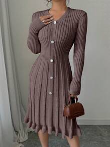 Elenzga Women's Solid Color Button Front Long Sleeve Casual Sweater Dress - Coffee Brown - View 6