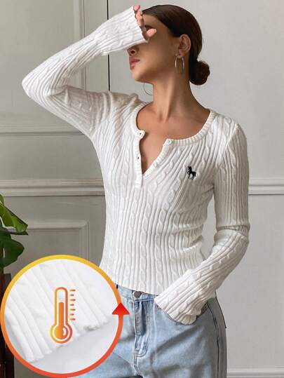 DAZY 女士商务休闲独角兽刺绣修身毛衣、长袖上衣秋季