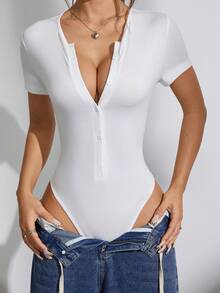 SHEIN Unity Black Half-Open Collar Button Front Short Sleeve Bodysuit - White - View 3