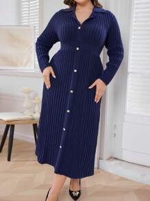 Modelyn Plus Size Solid Color Front Button Down Ribbed Knit Long Sleeve Sweater Dress