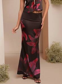 L'Amorae Women's Elegant Floral Print Fishtail Hem Skirt For Summer - Black - View 4