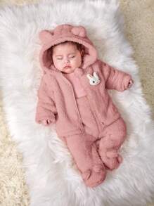 SHEIN Bộ quần cạp chun và áo khoác trùm đầu in họa tiết hoạt hình dễ thương cho bé gái sơ sinh, mùa thu/đông - Bụi hồng - Xem 4
