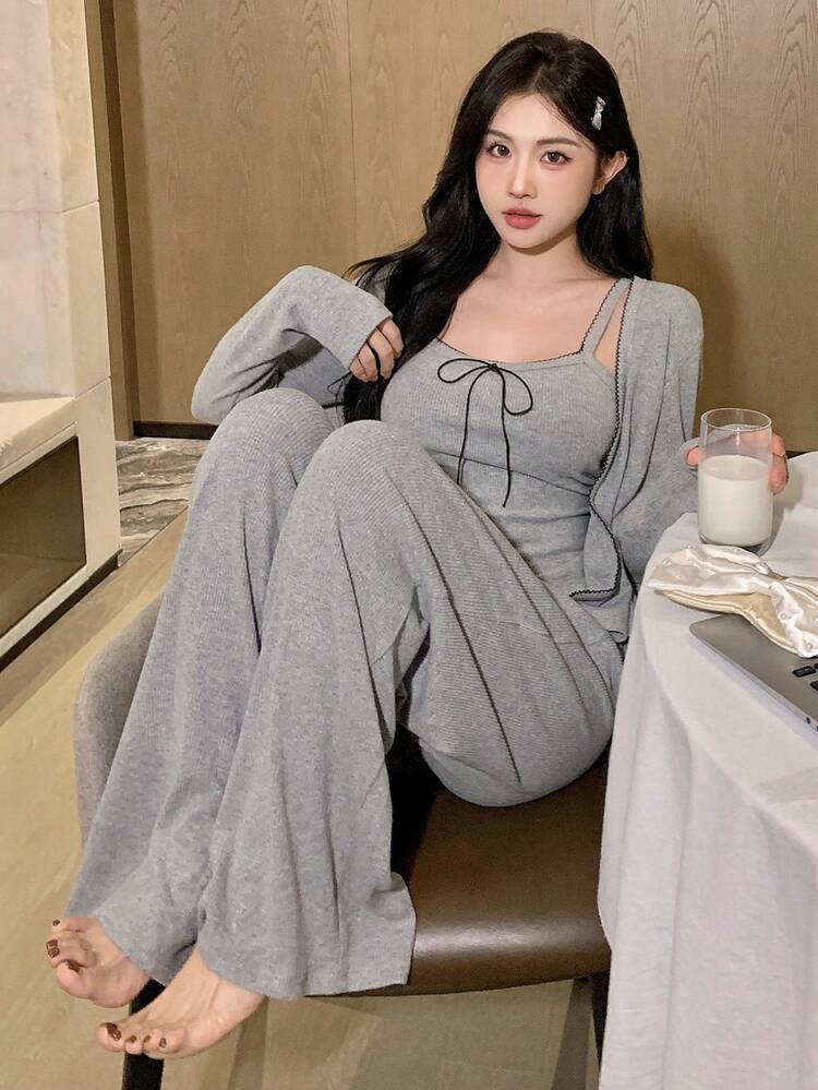 3pcs Lounge Set: Ruffled Trim Decor Neckline Bowknot Cami Top & Straight Leg Pants & Open Front Top Lounge Set, Loungewear, Cozy Outfits, Fall Winter Clothes