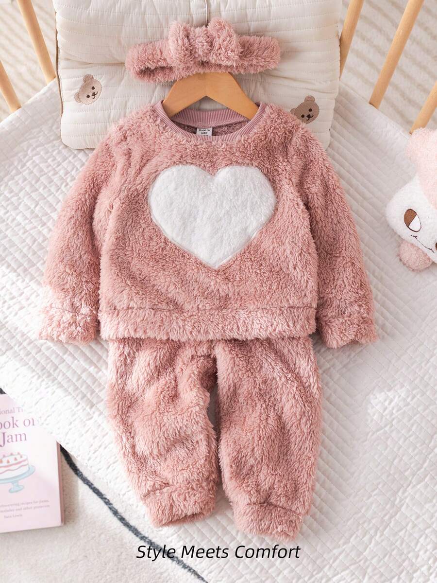 SHEIN 女婴 3 件套可爱简约爱心刺绣罗纹针织圆领长袖上衣和裤子睡衣套装带蝴蝶结头带，柔软舒适双面羊毛，适合秋冬季的衣服 - 淺粉色 - 查看 1