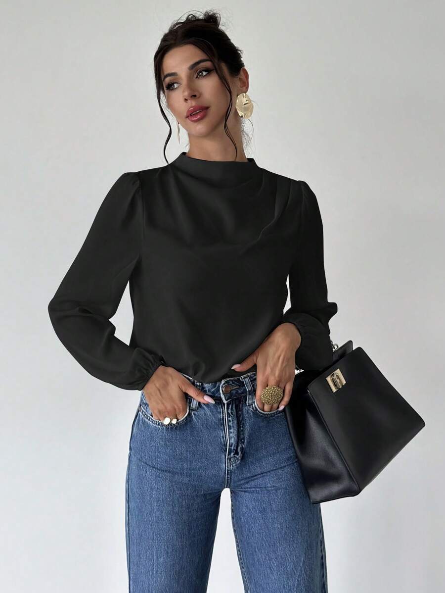 Firerie 1 chiếc áo cánh tay bồng xếp ly cổ đứng vai thời trang thanh lịch cho nữ