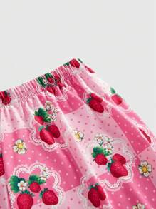 Strawberry Shortcake | ROMWE Bộ đồ ngủ hình quả dâu tây dễ thương giản dị cho nữ và quần dài - Nhiều màu - Xem 3
