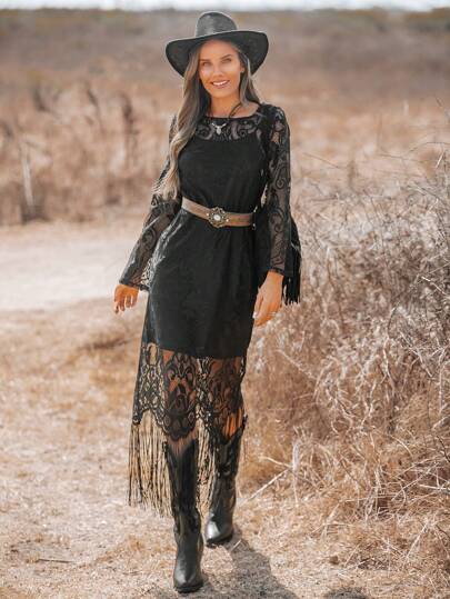 black lace dress and cowboy boots SHEIN VCAY Lace With Fringe Trim Black Round Neck Long Sleeve Dress, Western/Country  Style For Women