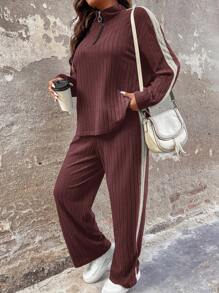SHEIN LUNE 2pcs Plus Size Casual Color Blocking Long Sleeve Top And Pants Sets, Autumn - Multicolor - View 3