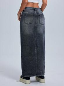 SHEIN ICON 女士前扣口袋简约开衩下摆休闲牛仔半身裙