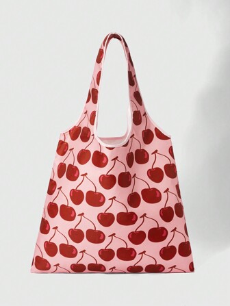 Kawaii 1 pezzo Graziosa borsa a tracolla pieghevole di colore rosa con ciliegie rosse, adatta per picnic, shopping, San Valentino