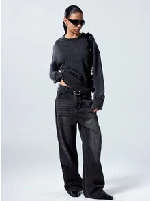 LYSMO Áo nỉ tay dài cổ tròn trễ vai màu trơn cho lễ Ramadan dành cho cả nam và nữ - Màu xám đen - Xem 5