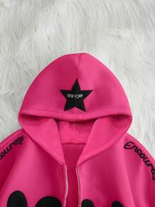 INAWLY 女士春/秋季连帽拉链前字母印花长袖运动衫、长袖上衣 - 玫紅色 - 查看 3