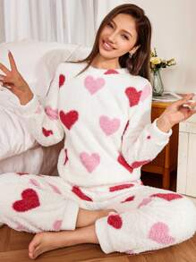 Plush Heart Print Long Sleeve Top & Long Pants Fluffy Pajama Set, Fall Winter Clothes, Cozy - Multicolor - View 5