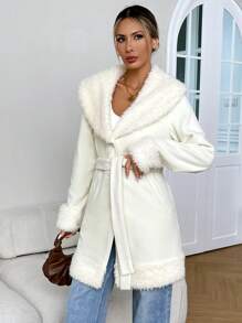 SHEIN Clasi 女士优雅摇粒绒双排缝线毛绒腰带常规夹克 - 杏色 - 查看 4