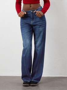 SHEIN Unity Jeans rectos de cintura baja lavados informales - Azul lavado oscuro - Ver 4