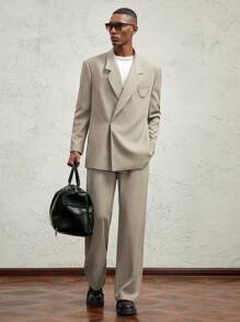 AKNOTIC Formal 男式宽松版型金属链装饰前开翻领休闲夹克，驼色，秋冬款