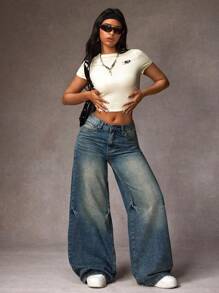 Quần jeans ống rộng cạp thấp cổ điển, giặt thường ngày dành cho nữ - Rửa tối - Xem 2