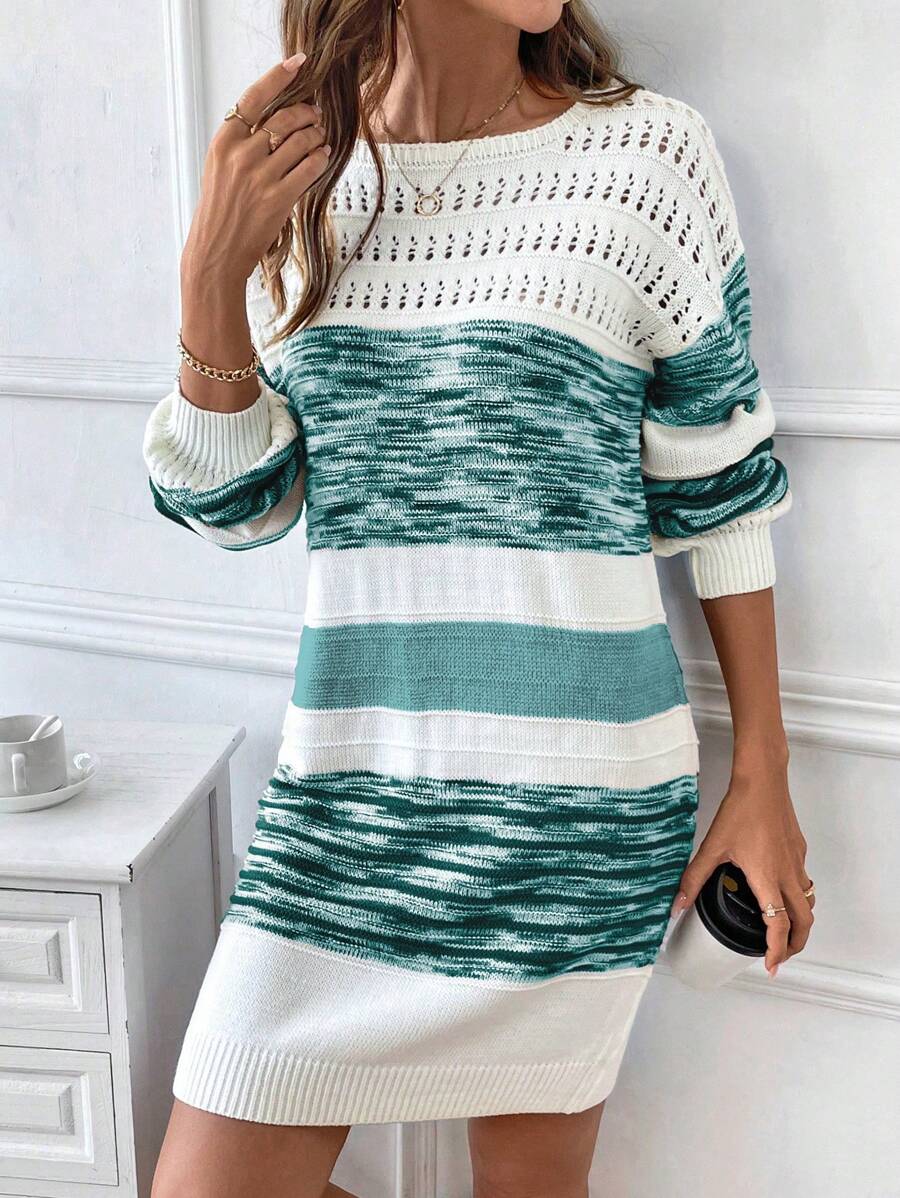 SHEIN LUNE 秋冬休闲撞色落肩毛衣连衣裙 - 彩色 - 查看 1