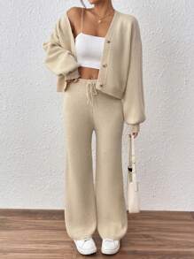 Chiquease 女士简约 V 领前纽扣针织开衫和裤子两件套休闲毛衣套装 - 彩色 - 查看 5