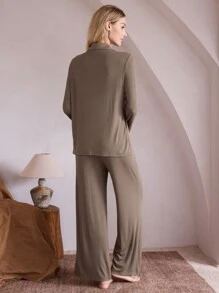 Ocili Ocili Leisure Women Plain Front Button Closure Long Sleeve Top And Long Pants Loungewear Set