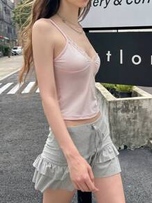 Jouncy 女士休闲蕾丝拼布细肩带背心 - 粉色 - 查看 7