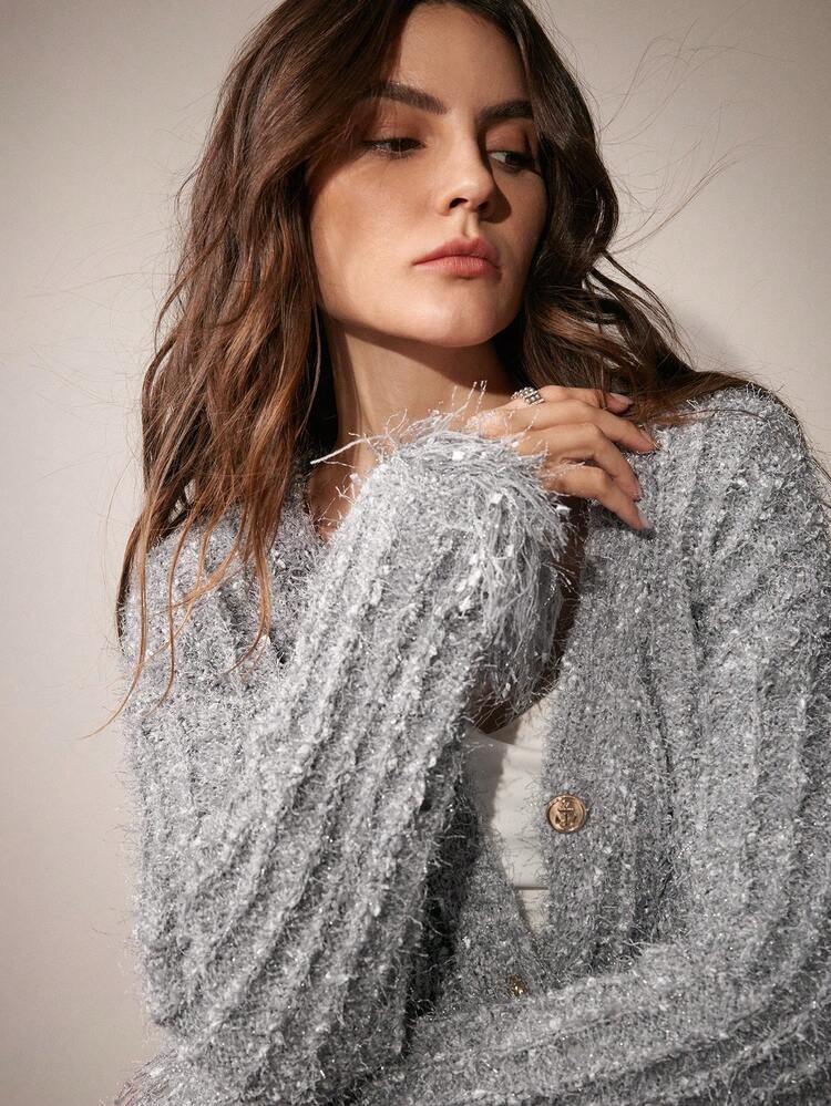 Elegant Christmas V-Neck Metallic Button Textured Striped Fringe Knit Cardigan