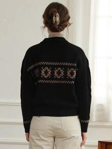 Simple Retro Women's Autumn And Winter Casual Peter Pan Collar Crash Button Printing Black Elegant Retro Loose Long Sleeve Pullover Sweater - Black - View 2