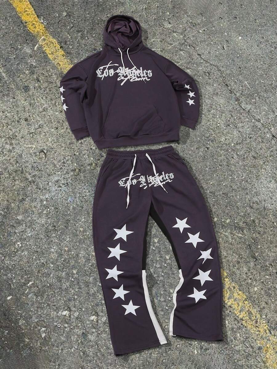 Manfinity EMRG 2pcs Men's Dark Purple Autumn Streetwear Tracksuit,Printed Hooded Sweatshirt And Drawstring Flared Pants Outfit Set,Work Casual Halloween Clothes - Violet Purple - View 1
