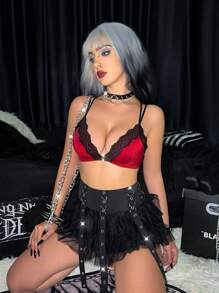 Women Lace Front-Button Splicing Lingerie Set, Fashionable - Burgundy - View 5
