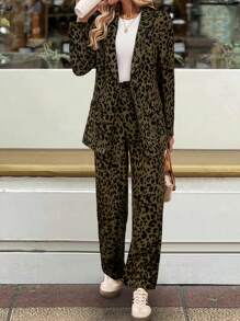 Chiquease 2pcs Women Leopard Print Suit Jacket And Pants Set