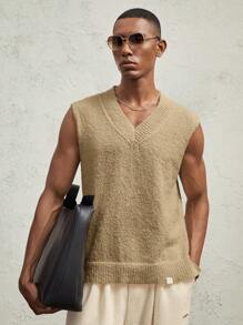AKNOTIC Business Casual Men Jersey Knit V-Neck Sleeveless Slim Fit Sweater - Brown - View 2