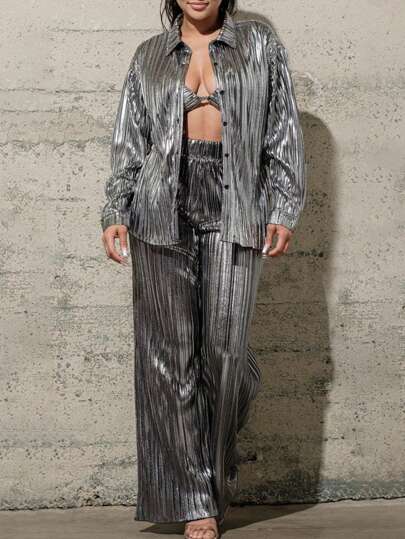 Conjunto de 2 piezas para mujer con camisa de manga larga con botones y acentos metálicos, y pantalones anchos de pierna ancha, un estilo suelto y a la moda para el otoño