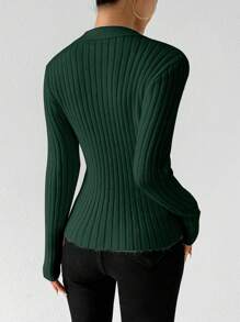 Chiquease 纯色优雅修身罗纹针织长袖套头衫，秋冬季款 - 墨綠色 - 查看 2